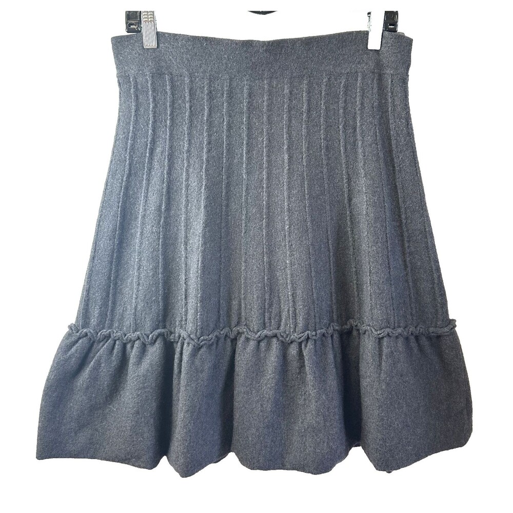 Etcetera Women Gray Merino Wool Knitted Ruffle Hem A-line Knee-Length Skirt Sz S
